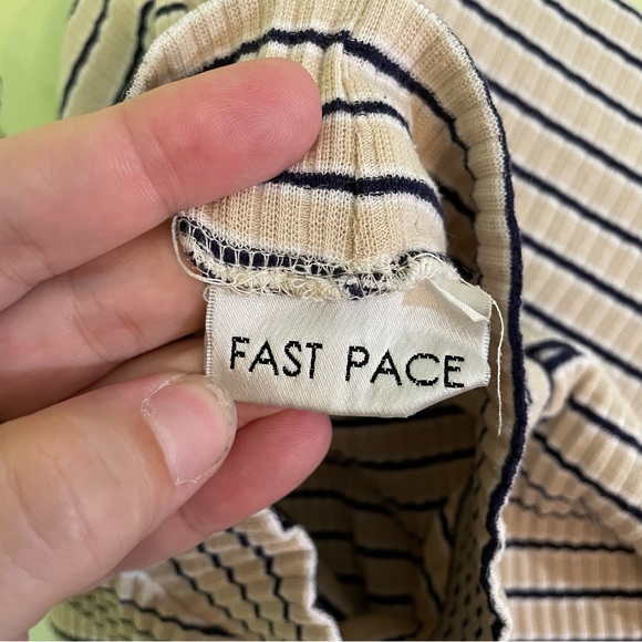 VINTAGE Y2K RIBBED STRIPED YELLOW BLUE MOCK NECK SHORT SLEEVE TOP SIZE MEDIUM - Picture 8 of 8